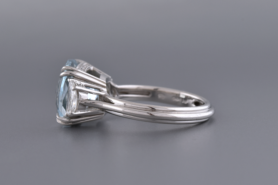 Checkerboard Cut Aquamarine & Diamond Three Stone Ring