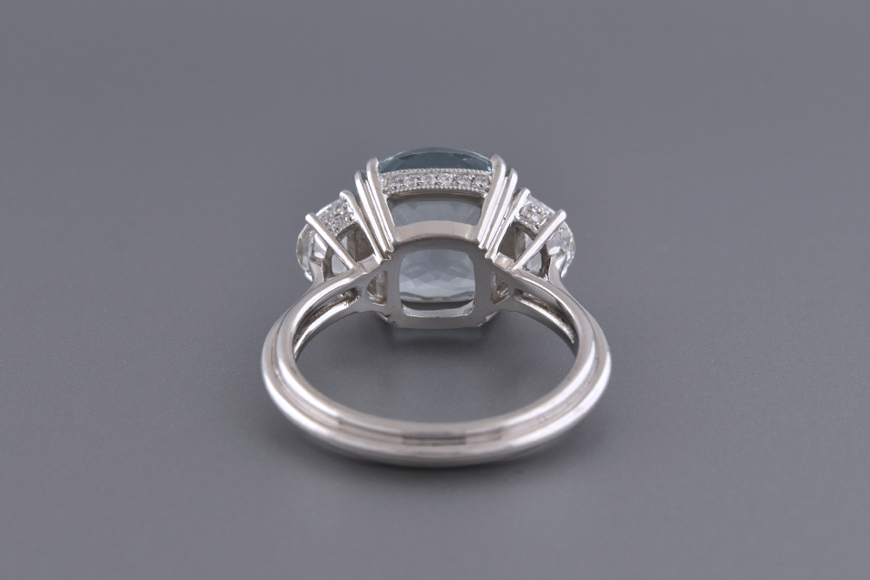 Checkerboard Cut Aquamarine & Diamond Three Stone Ring