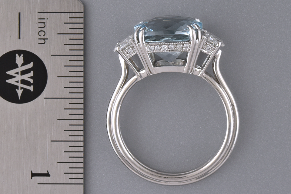 Checkerboard Cut Aquamarine & Diamond Three Stone Ring