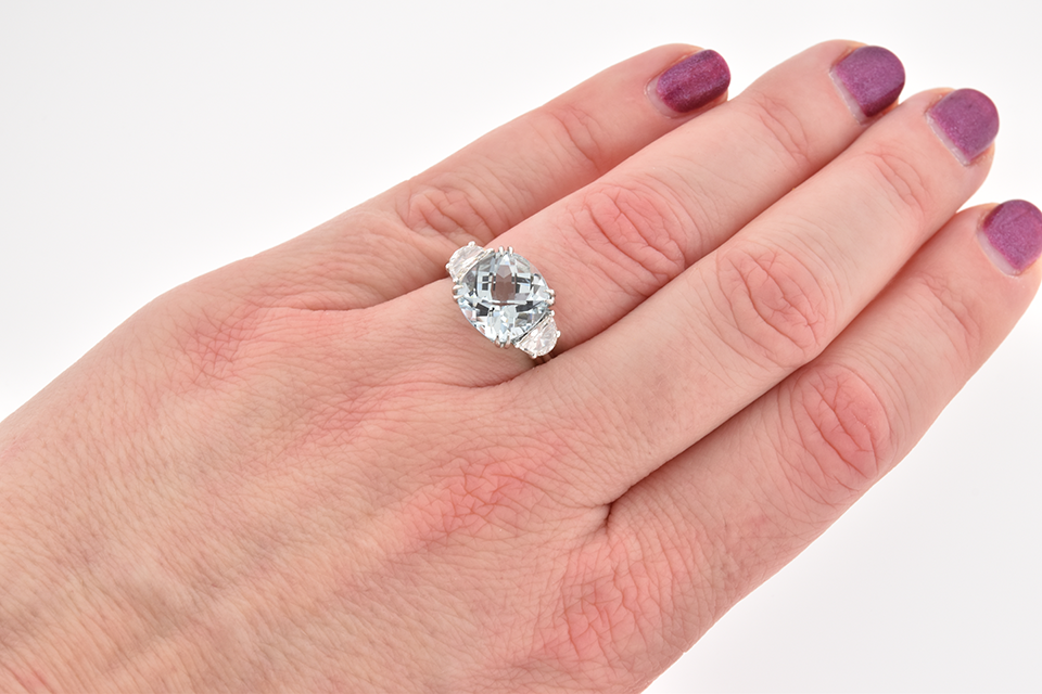 Checkerboard Cut Aquamarine & Diamond Three Stone Ring