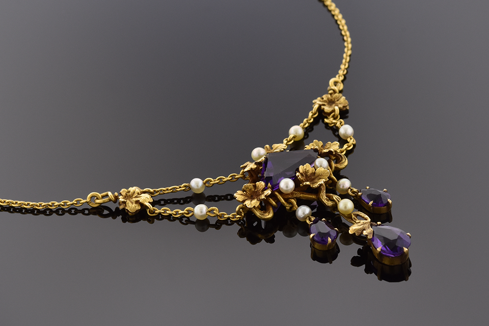 Item #4469 Art Nouveau Amethyst and Pearl Necklace 4469