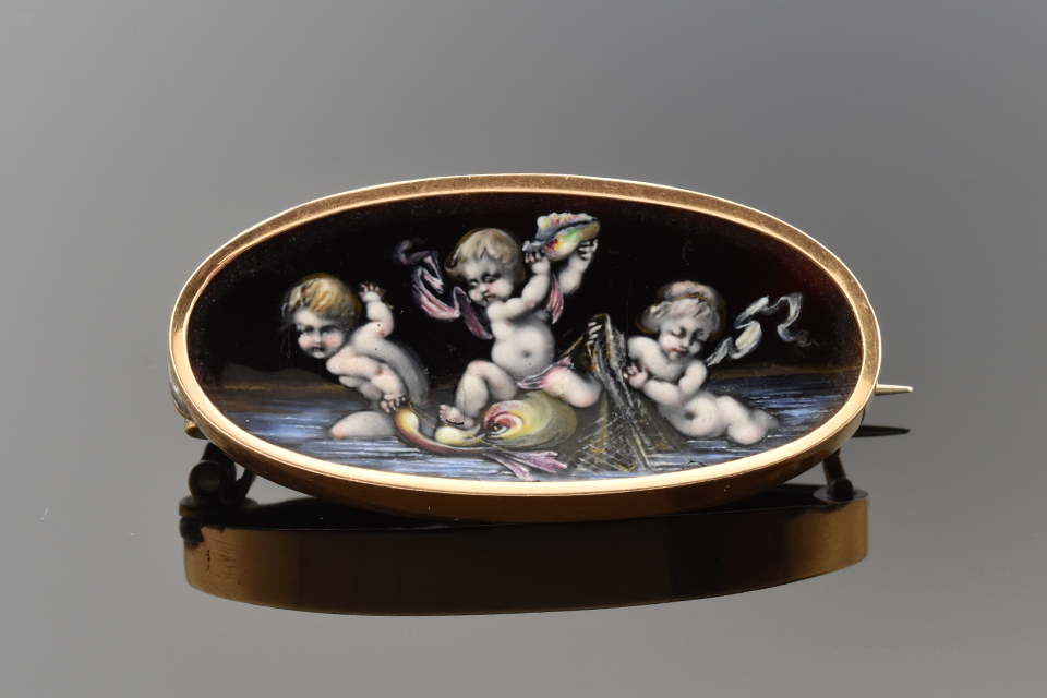 Item #4510 Cherubs Playing In The Sea Enamel Brooch 4510