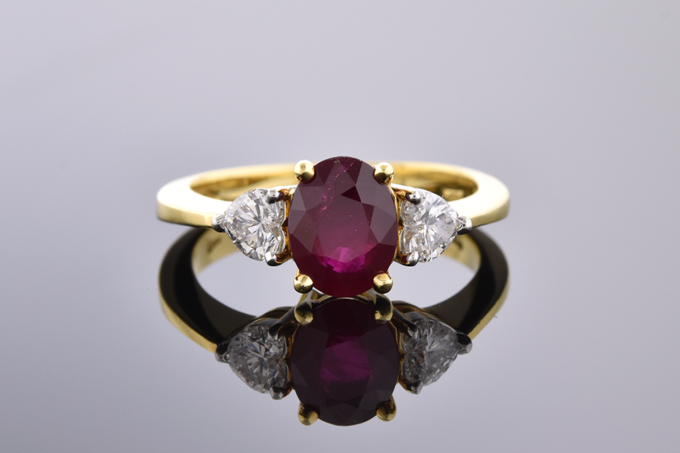 Item #4113 Ruby Ring with Heart Shaped Side Diamonds 4113