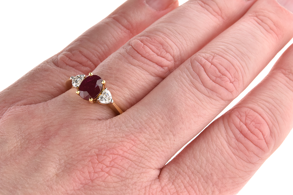 Ruby Ring with Heart Shaped Side Diamonds