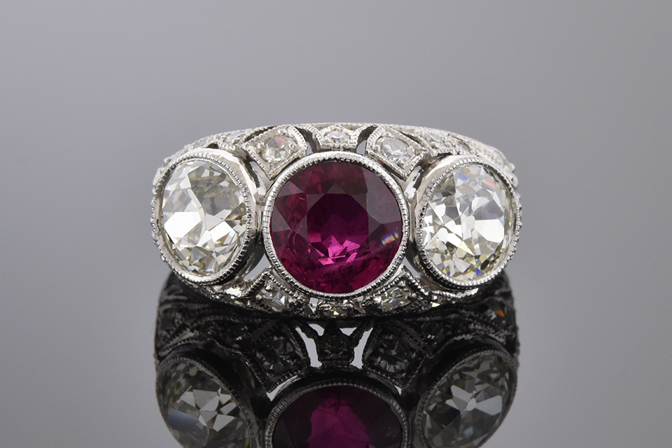 Item #10005 Ruby and Diamond Art Deco Three Stone Ring 10005