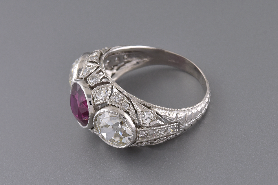 Ruby and Diamond Art Deco Three Stone Ring