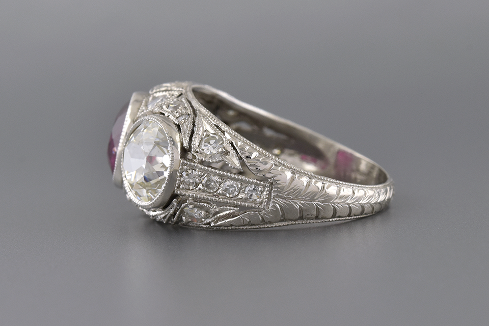 Ruby and Diamond Art Deco Three Stone Ring