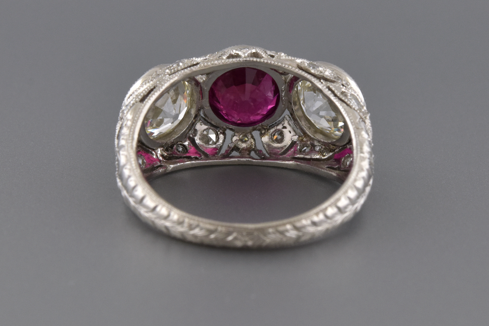 Ruby and Diamond Art Deco Three Stone Ring