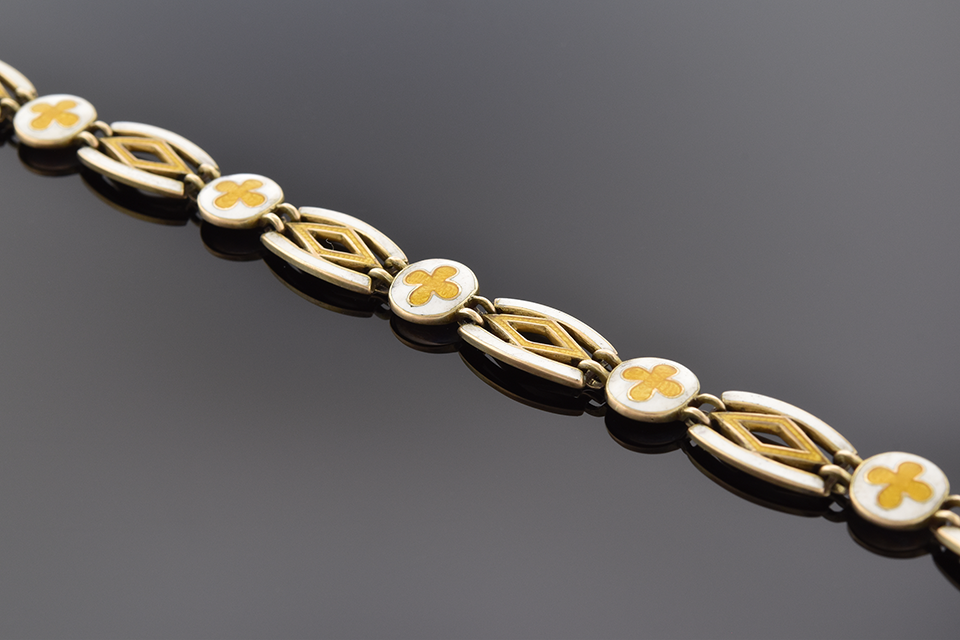 Item #1510 White and Yellow Enamel English Bracelet 1510