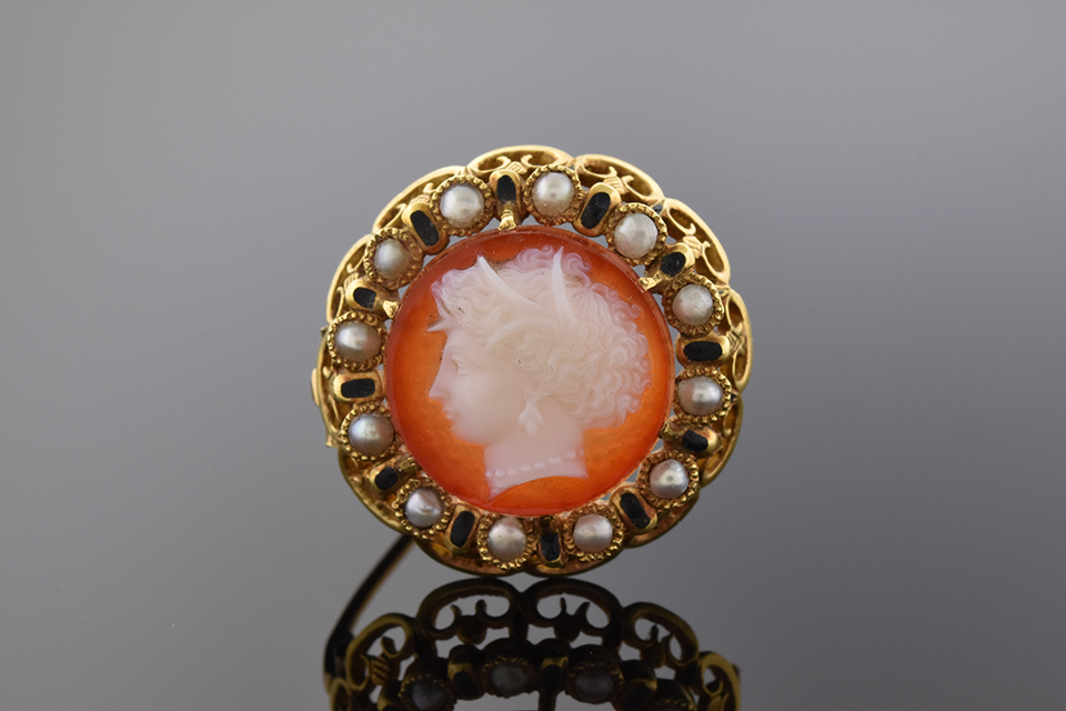 Item #1512 Round Cameo Pin with Pearl and Enamel 1512
