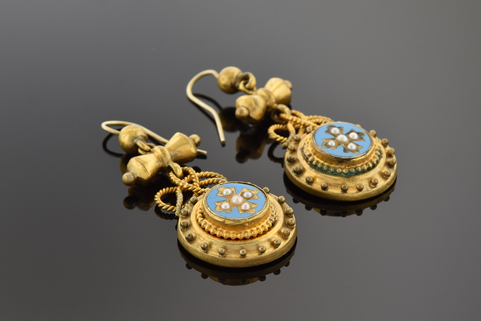 Item #10475 Victorian Pearl and Turquoise Enamel Dangle Earrings 10475
