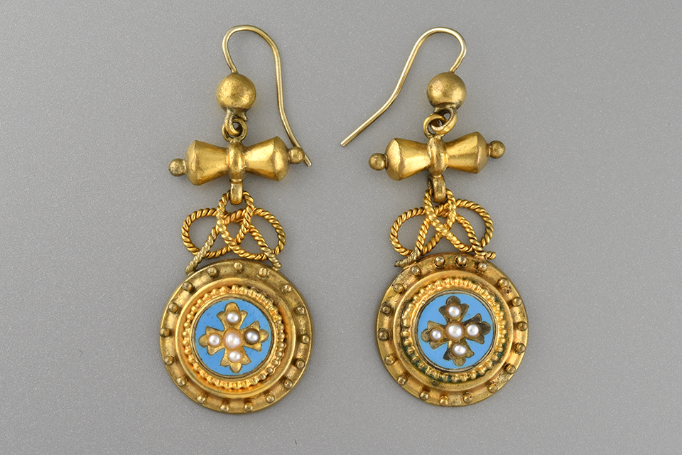 Victorian Pearl and Turquoise Enamel Dangle Earrings