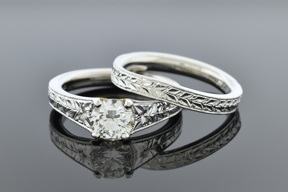 Item #5100 Carved Band Platinum Wedding Set 5100
