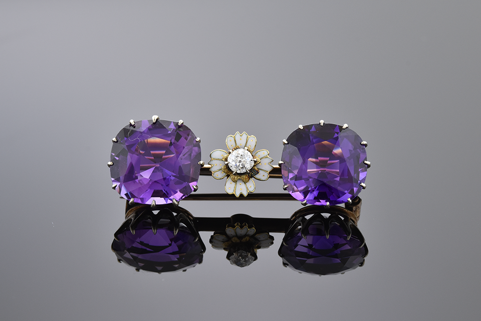 Item #11041 Amethyst and Diamond Bar Brooch with Enamel Flower 11041