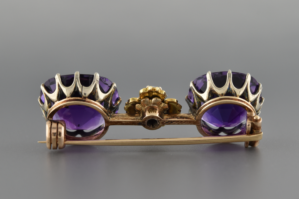 Amethyst and Diamond Bar Brooch with Enamel Flower