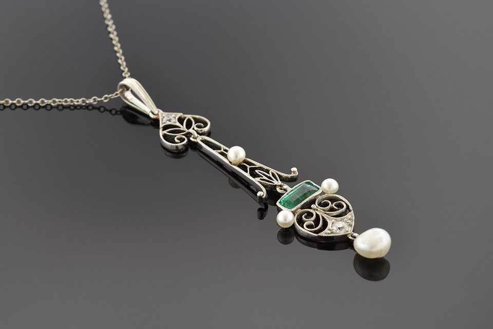 Item #1169 Antique filigree Emerald and Pearl Drop Pendant 1169