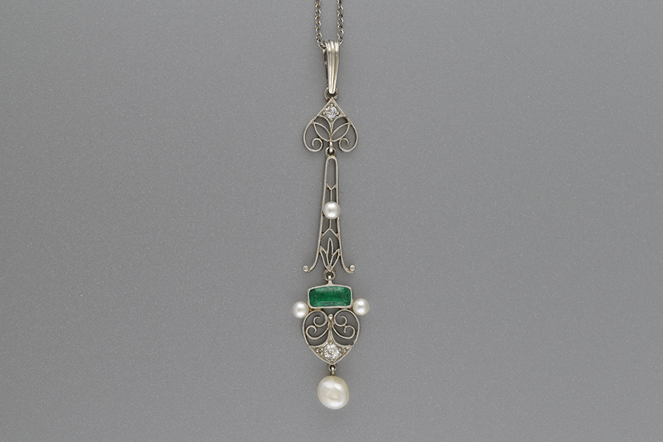 Antique filigree Emerald and Pearl Drop Pendant