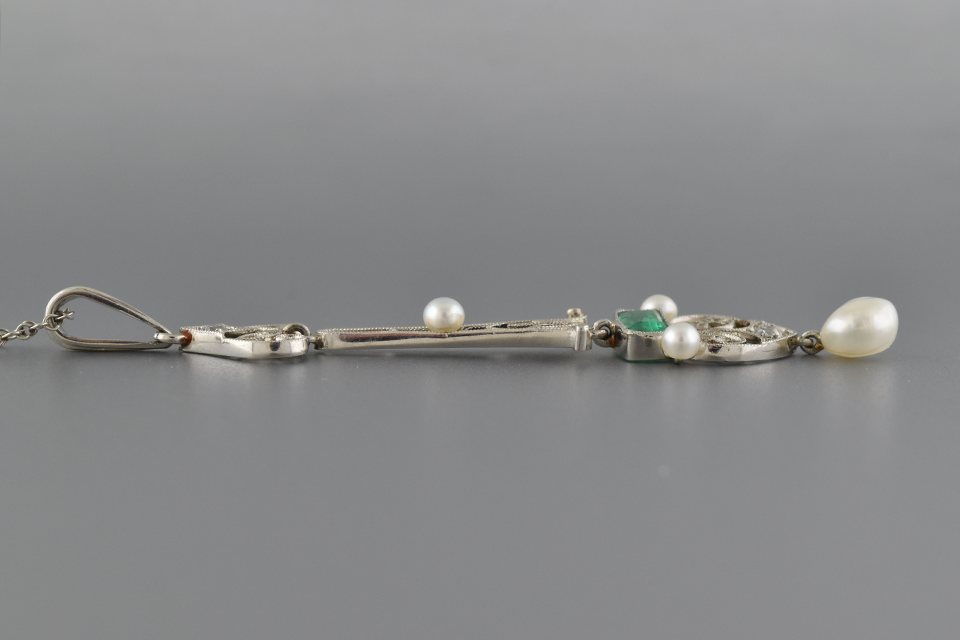 Antique filigree Emerald and Pearl Drop Pendant