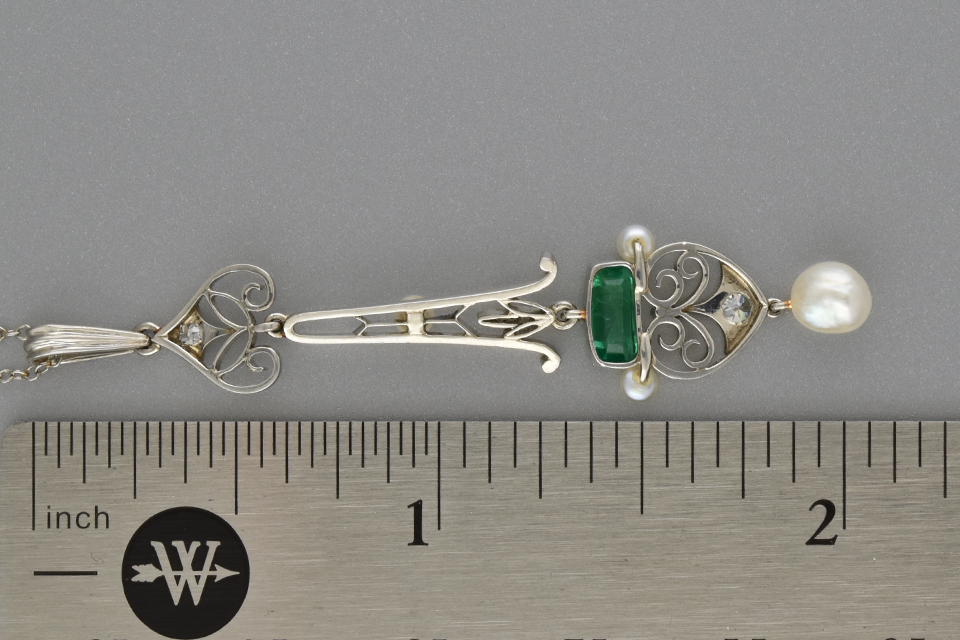Antique filigree Emerald and Pearl Drop Pendant