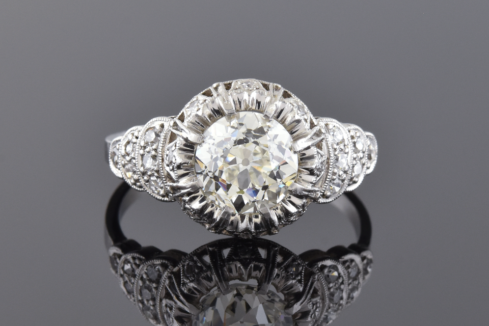 Art Deco Diamond Ring With Tulip Design Halo 10253