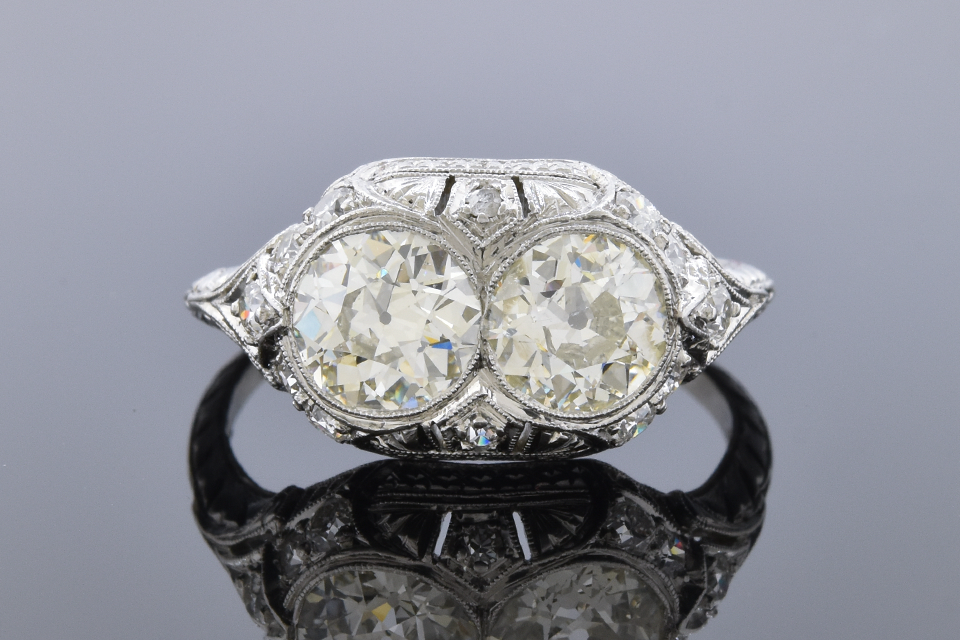 Item #11558 Art Deco Ring with Two Old European Cut Diamonds 11558