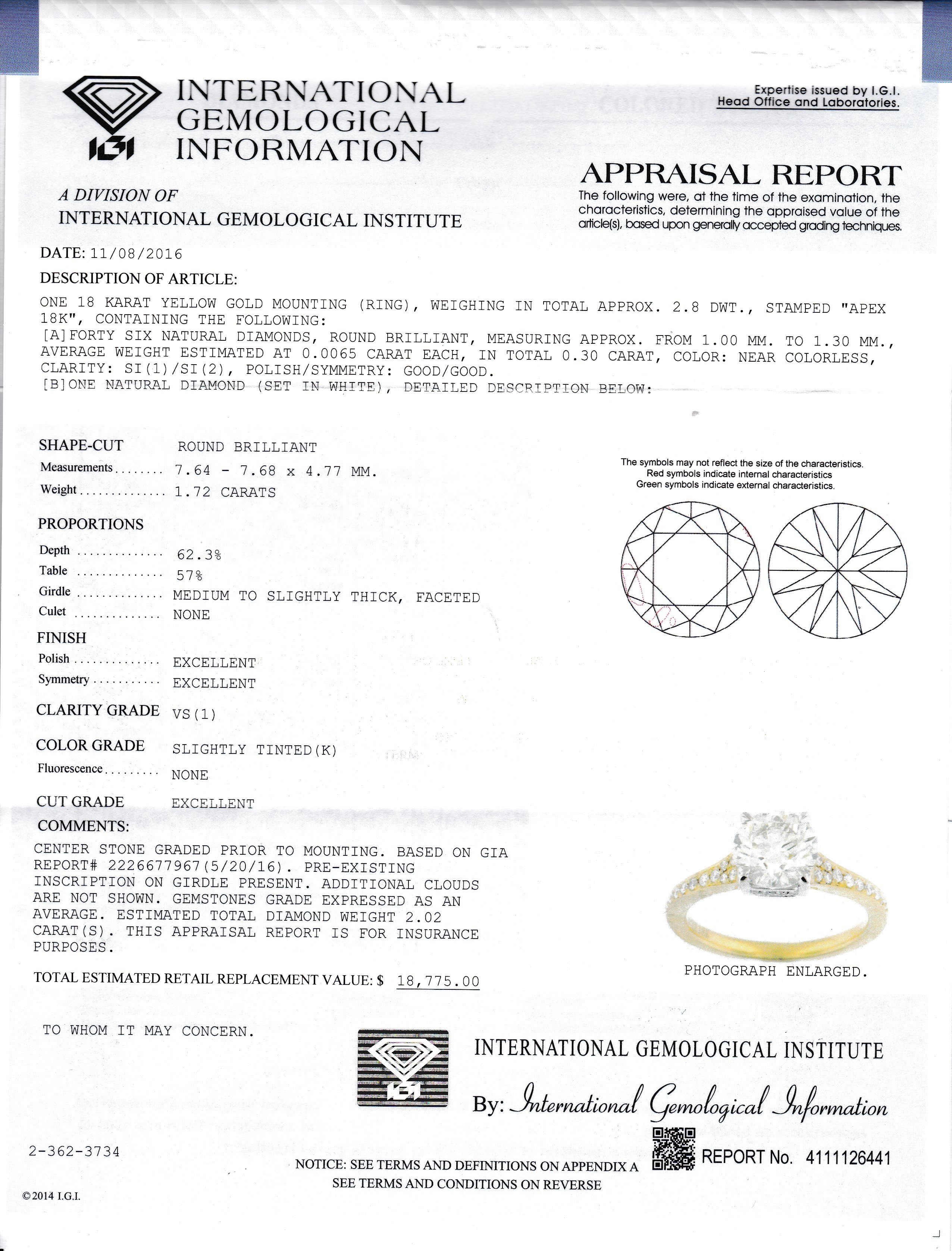 Item #11111 Bright 1.72 Carat Diamond Engagement Ring