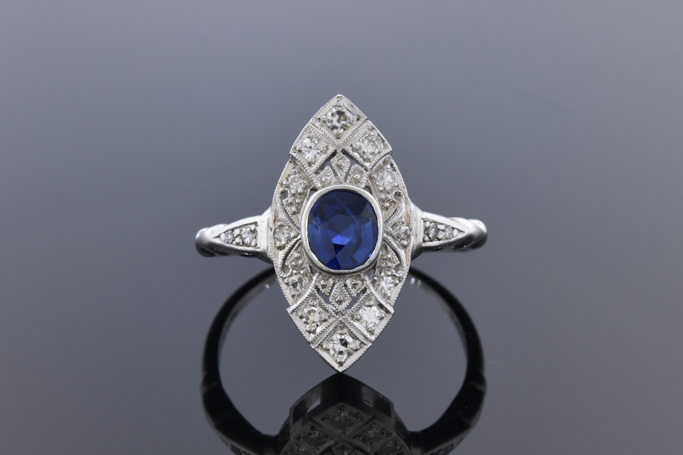 Item #12394 Vintage Sapphire and Diamond Navette Shaped Ring 12394