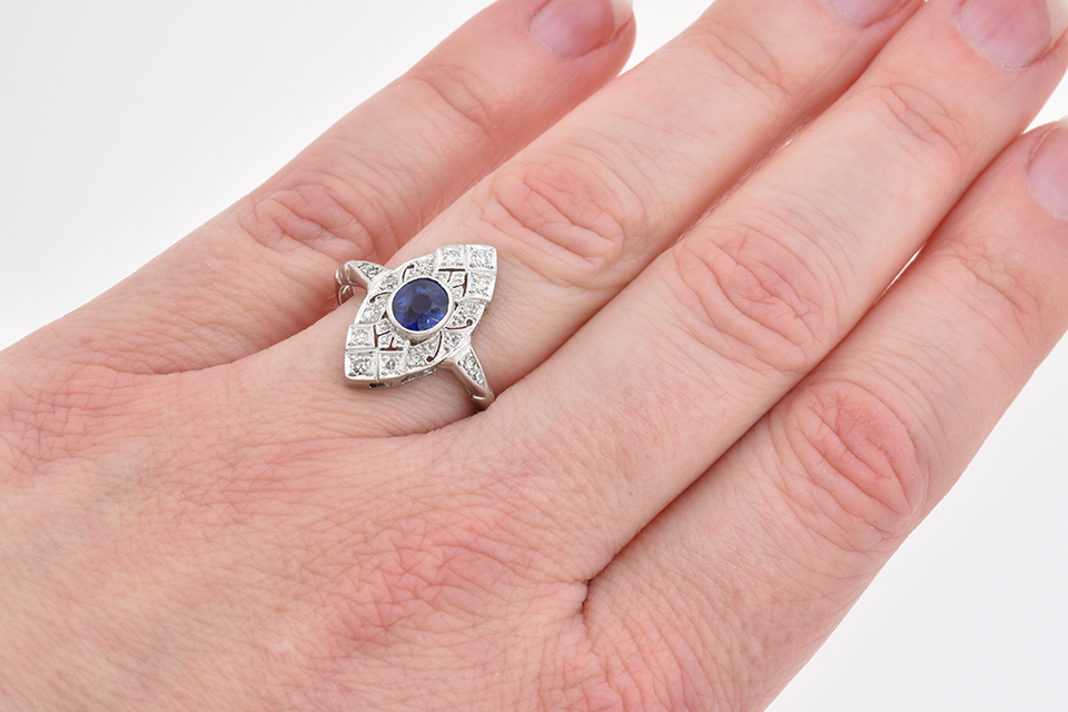 Vintage Sapphire and Diamond Navette Shaped Ring