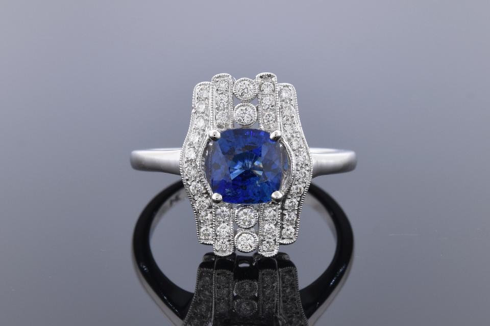 Item #11140 Vintage Inspired No Heat Sapphire and Diamond Ring 11140