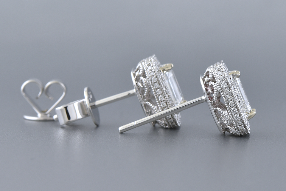 Item #12430 Modern Halo Set Emerald Cut Diamond Earrings