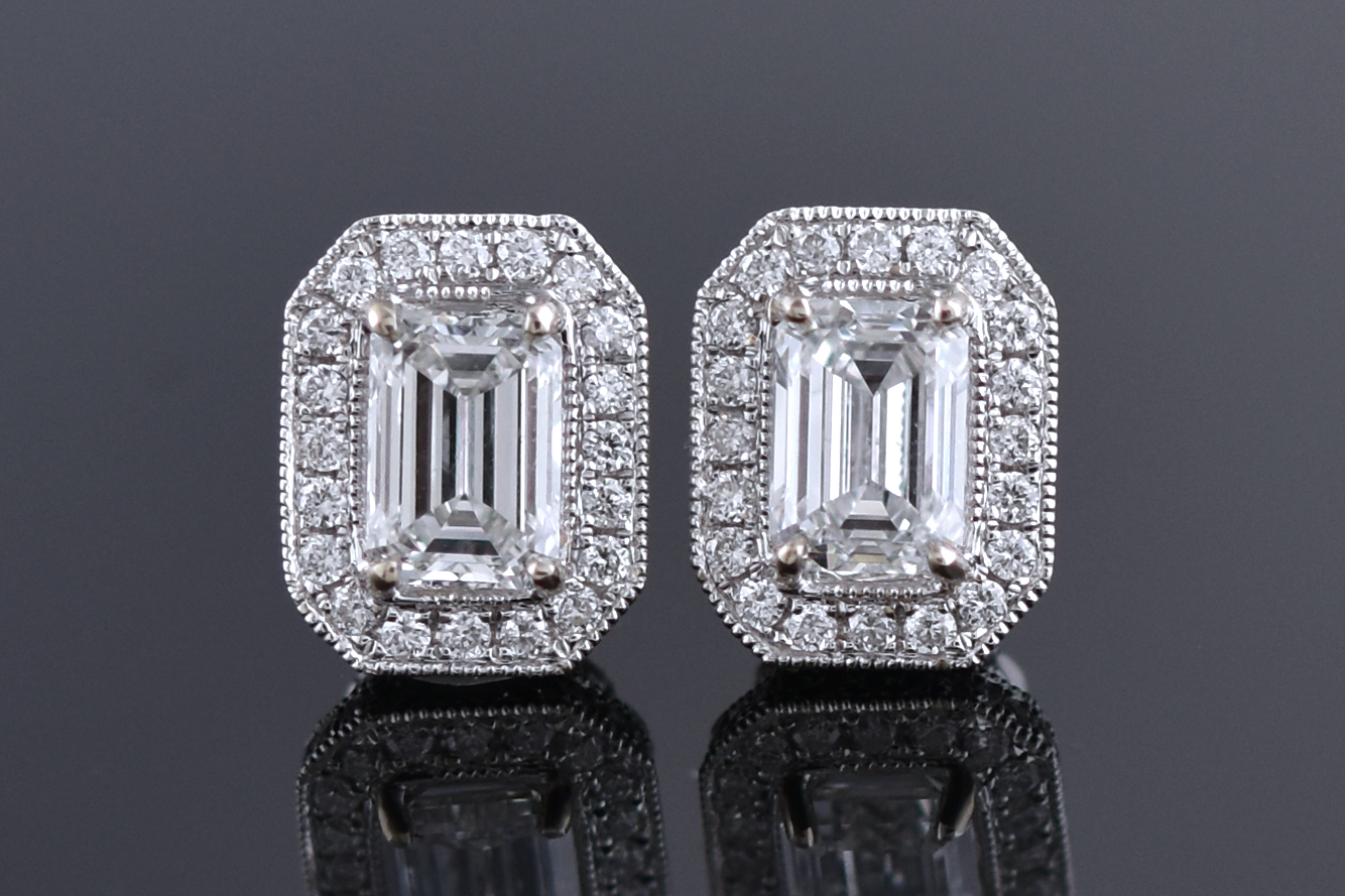 Item #12430 Modern Halo Set Emerald Cut Diamond Earrings 12430