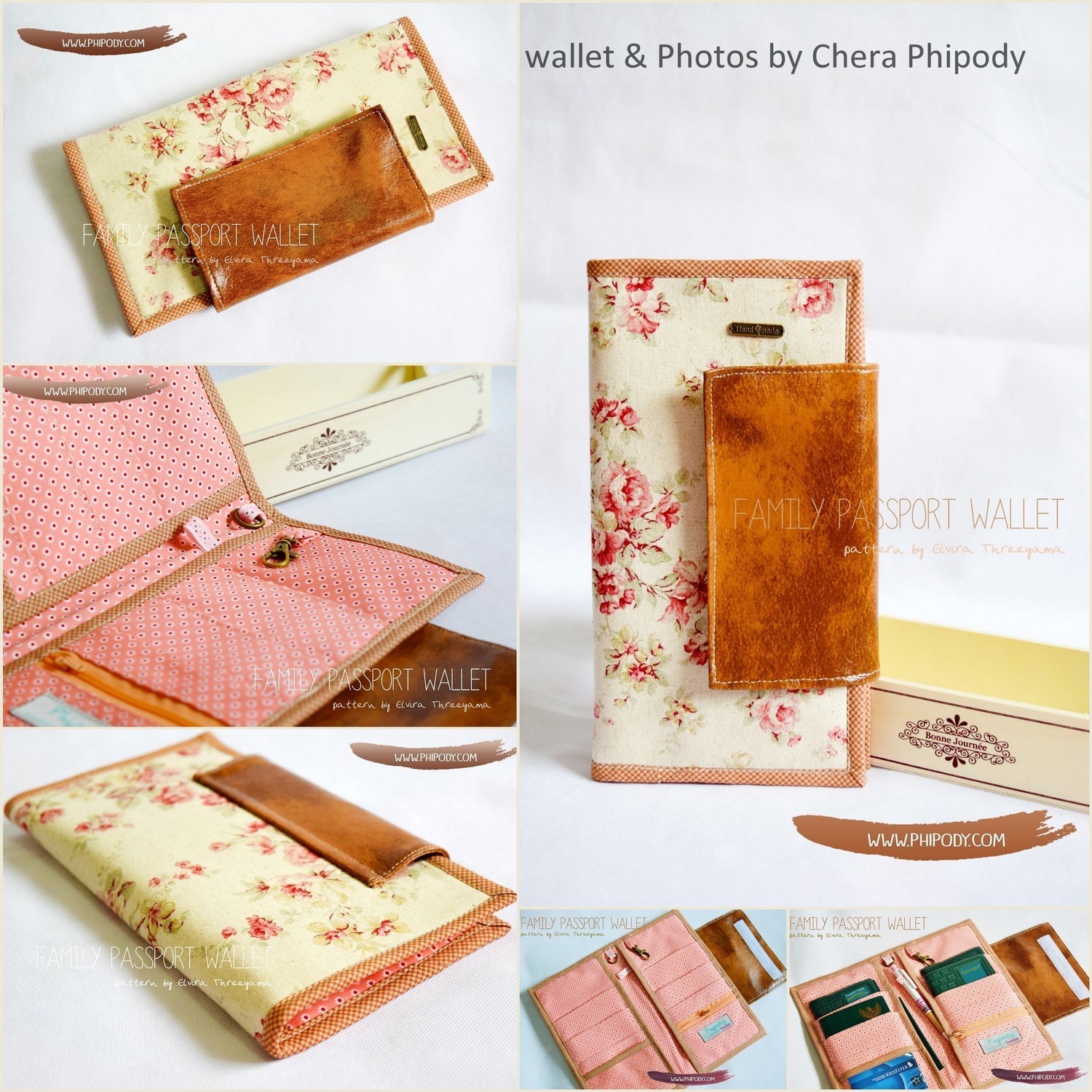 Blossom Passport Travel Wallet PDF Sewing Pattern 3 card slots 2 pockets for ticket and itinerary 1 or 2 passport slots