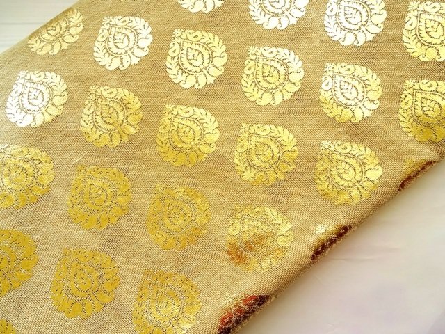 ​Natural tan color jute craft matrtial, burlap with gold print, golden printed jute fabric