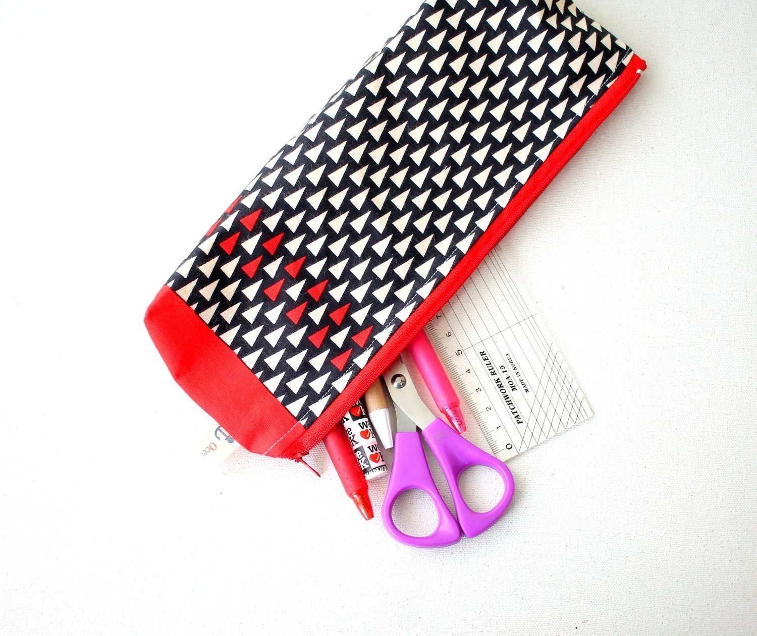 Handmade Red and Black  Zipper Pouch - One of a kind - Medium Size