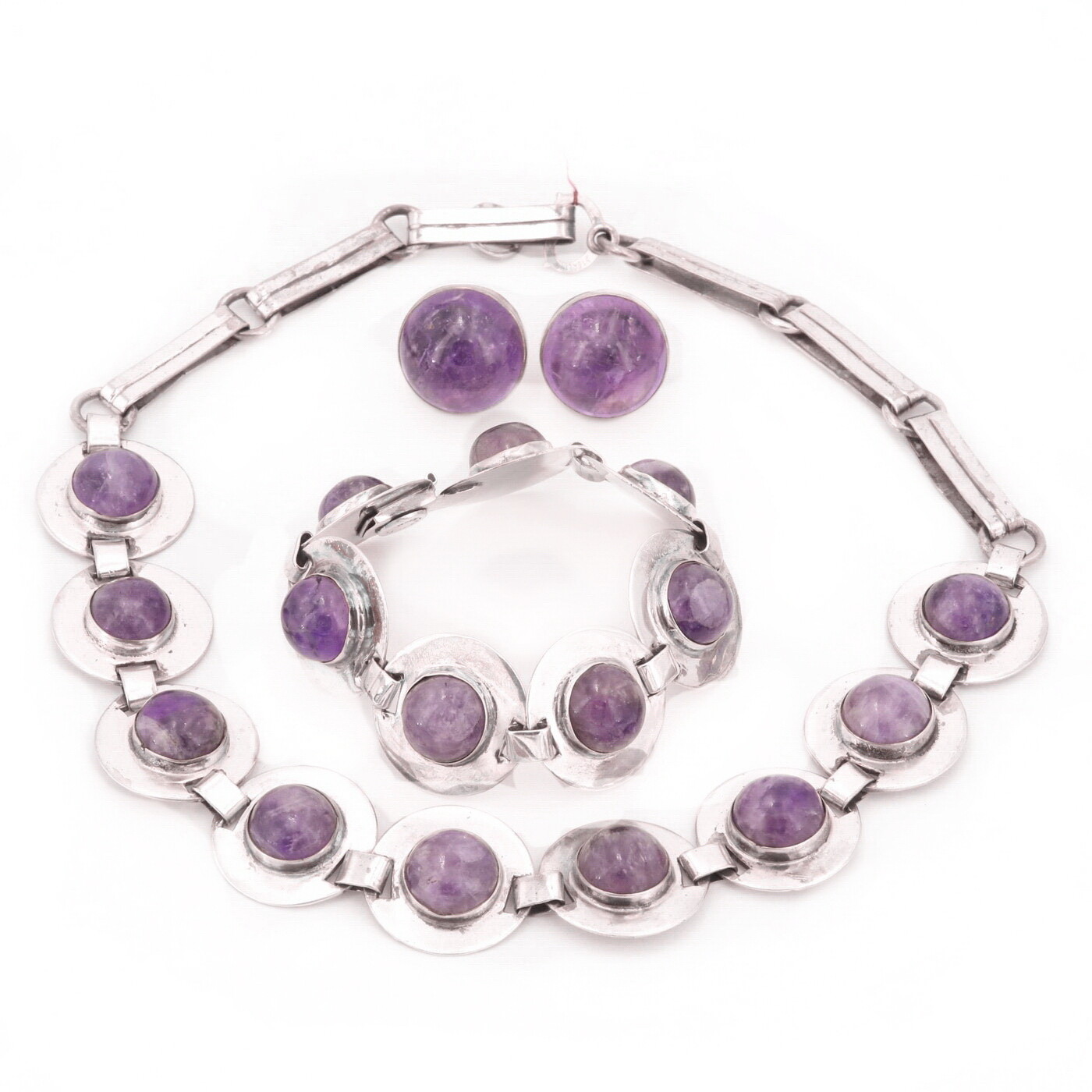 Taxco Amethyst Silver Trio Necklace Bracelet Earrings Parure