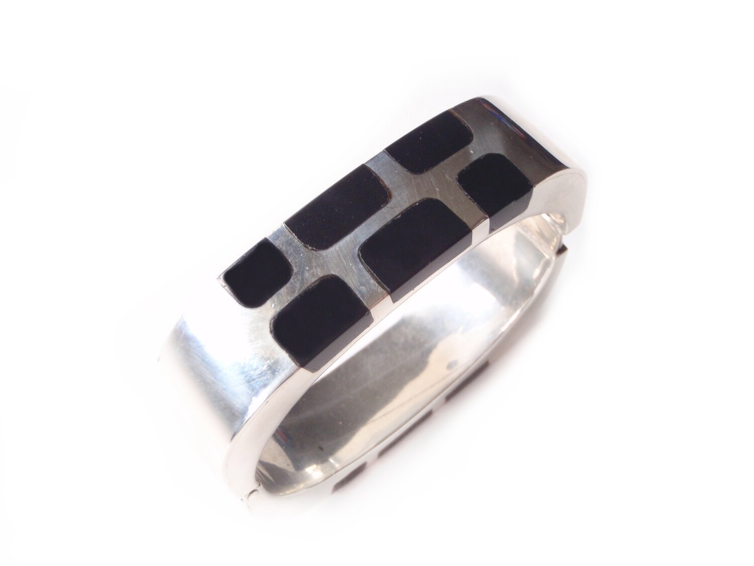 Taxco Silver Onyx Hinged Stackable Cuff Bracelet Square Rounded Corners