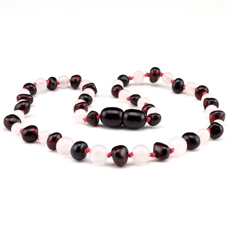 Baltic Pines™ Gemstone & Baltic Amber Teething Necklace or Bracelet - Dark Amber & Rose Quartz 00919