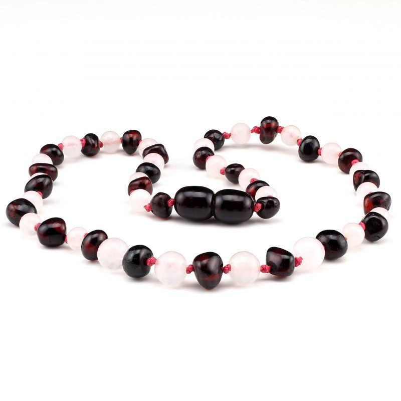 Baltic Pines™ Gemstone & Baltic Amber Teething Necklace or Bracelet - Dark Amber & Rose Quartz Baltic Pines™ Gemstone & Baltic Amber Teething Necklace or Bracelet - Dark Amber & Rose Quartz