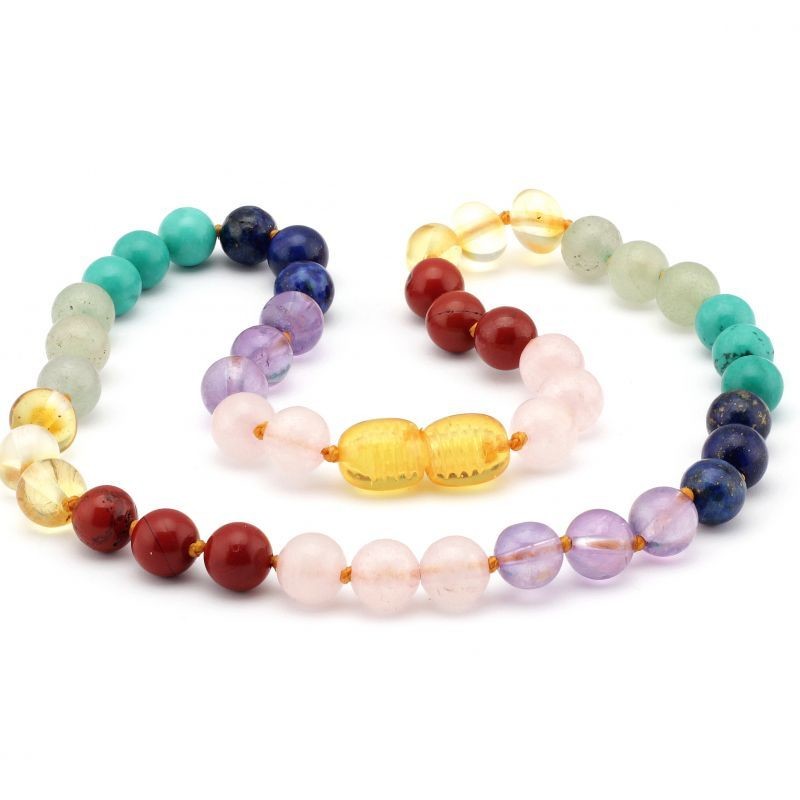 Baltic Pines™ Gemstone & Baltic Amber Teething Necklace - Honey Amber & Mixed Gemstones Baltic Pines™ Gemstone & Baltic Amber Teething Necklace - Honey Amber & Mixed Gemstones