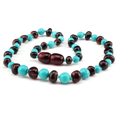 Baltic Pines™ Gemstone & Baltic Amber Teething Necklace or Bracelet - Dark Amber & Turquoise 00923