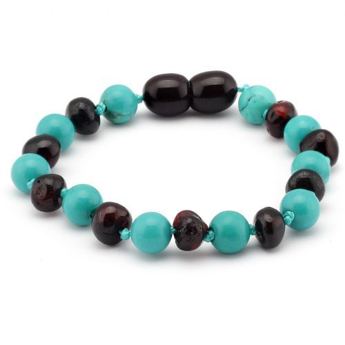Baltic Pines™ Gemstone & Baltic Amber Teething Necklace or Bracelet - Dark Amber & Turquoise