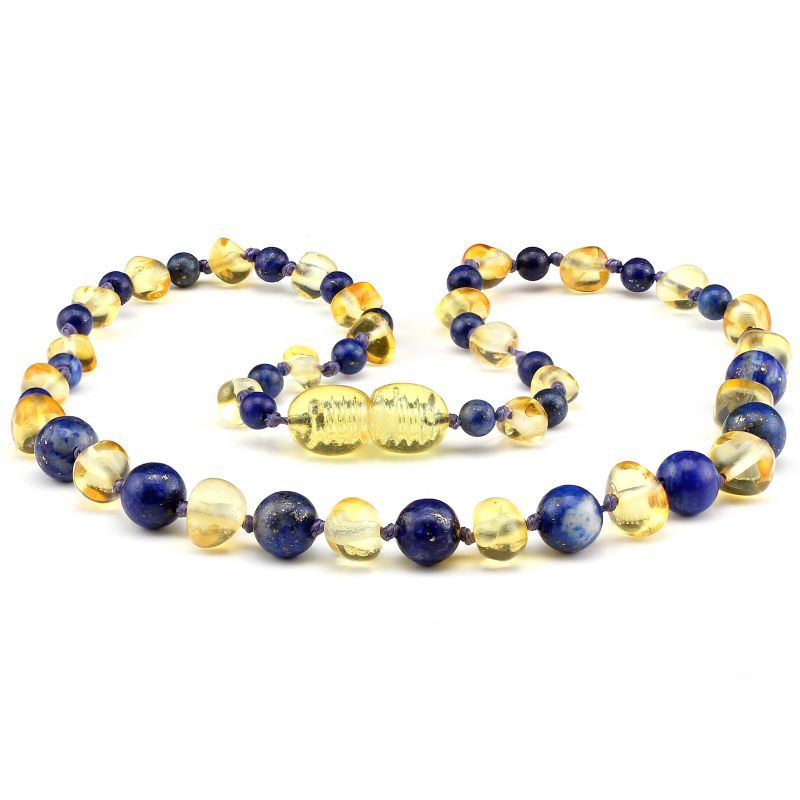 Baltic Pines™ Gemstone & Baltic Amber Teething Necklace or Bracelet - Honey Amber & Lapis Lazuli 00927