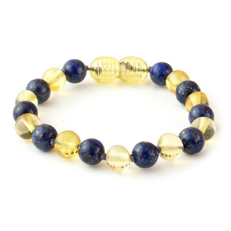 Baltic Pines™ Gemstone & Baltic Amber Teething Necklace or Bracelet - Honey Amber & Lapis Lazuli