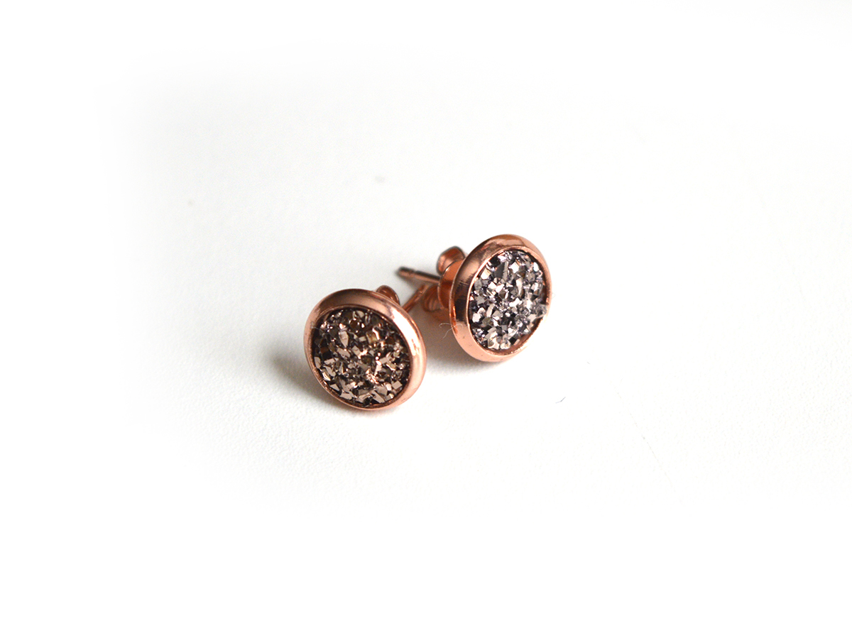 8mm Rose White Titanium Druzy Studs on Rose Gold 00627