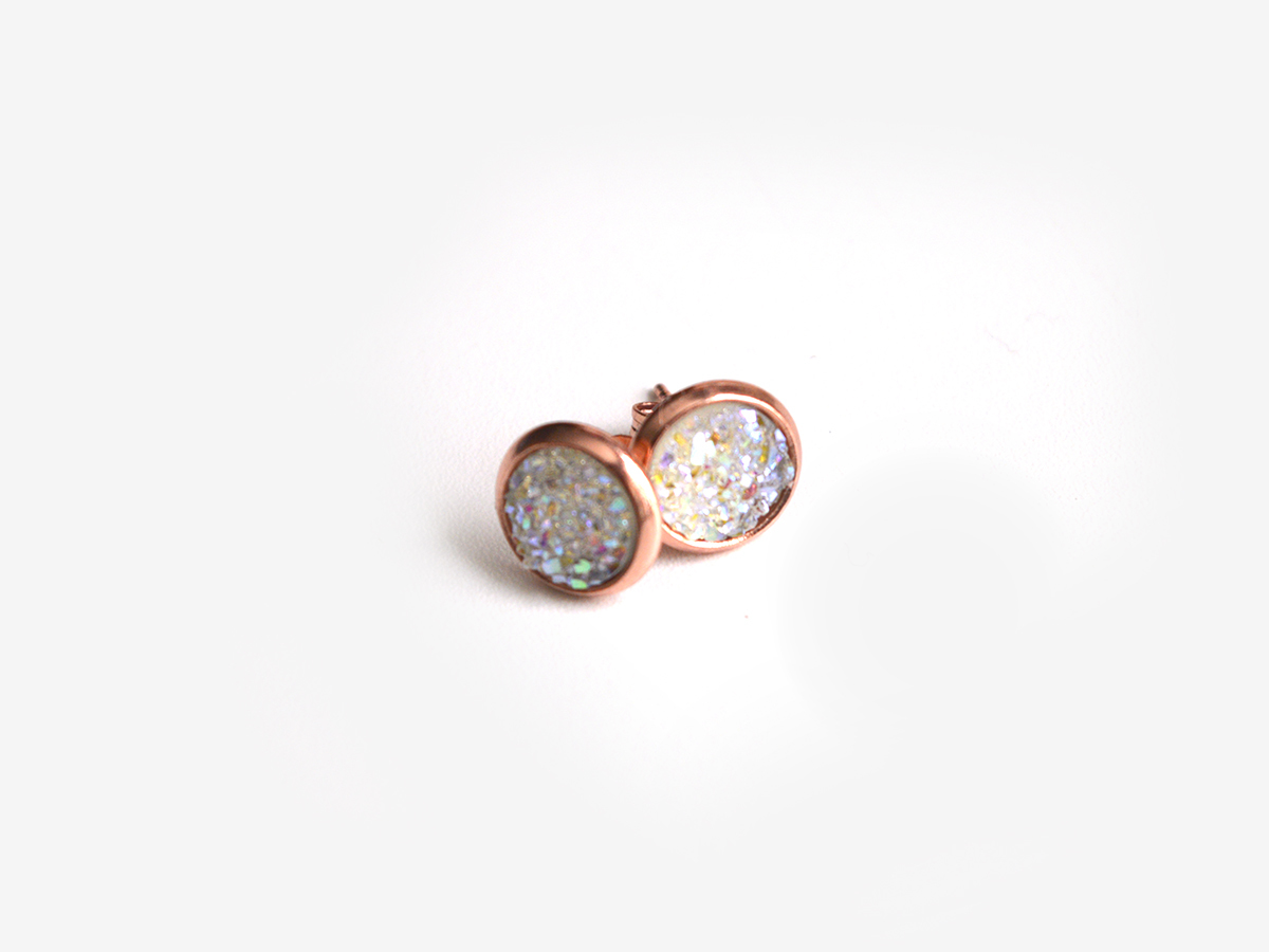 8mm White Titanium Druzy Studs on Rose Gold 00628