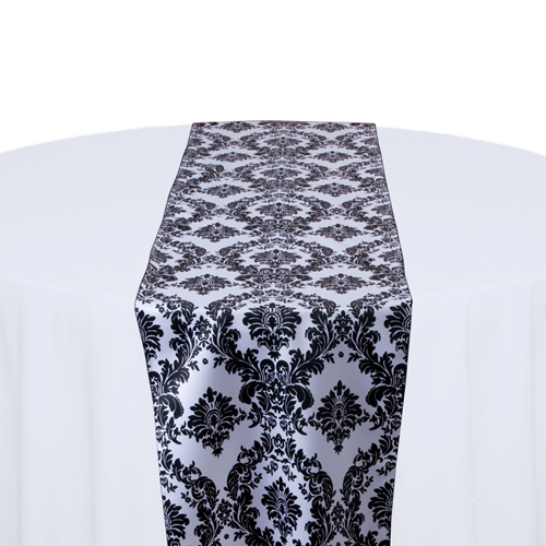 White & Black Damask Satin Table Runner Rental White & Black Damask Satin Table Runner Rental