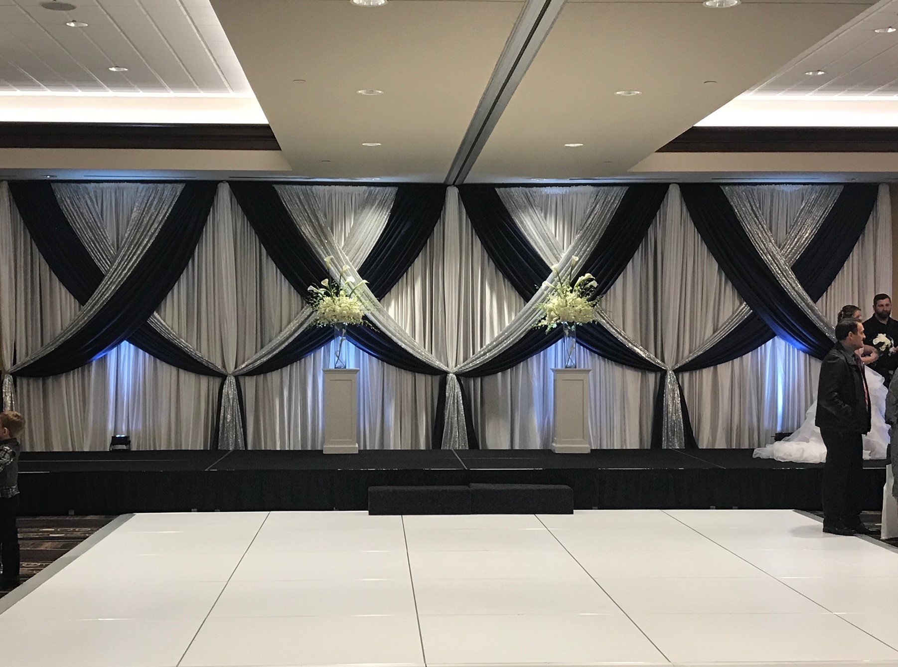 Navy Satin Accented with Silver Glitz on White Sateen Backdrop Navy Satin Accented with Silver Glitz on White Sateen Backdrop