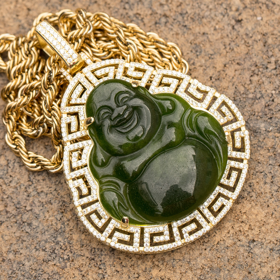 Fully Iced Green Jade Buddha Pendant Necklace