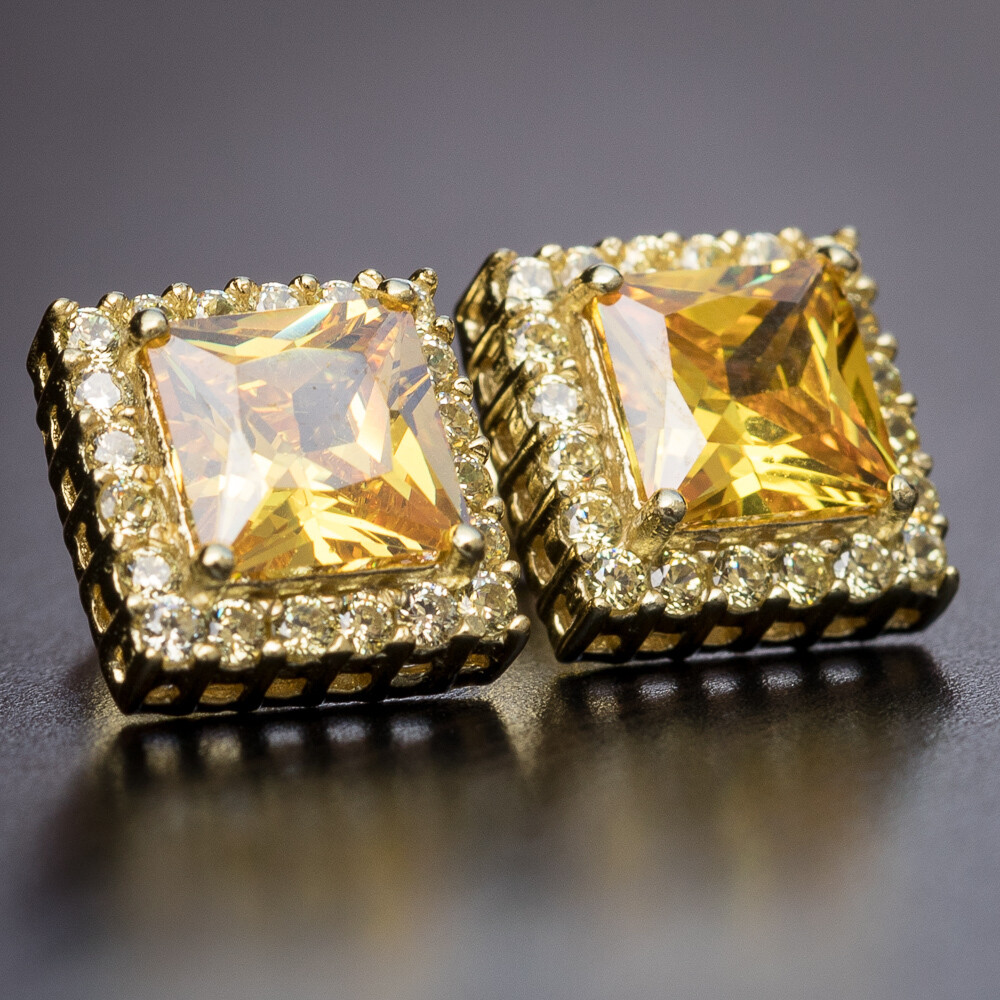 14K Gold Plated Canary Yellow Cz Square Earrings