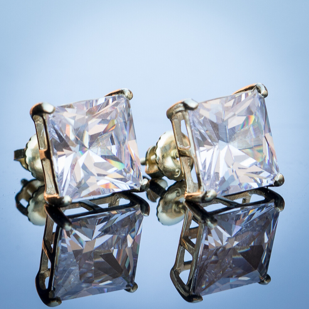 Large Yellow Gold Princess Cut Diamond Stud Earrings